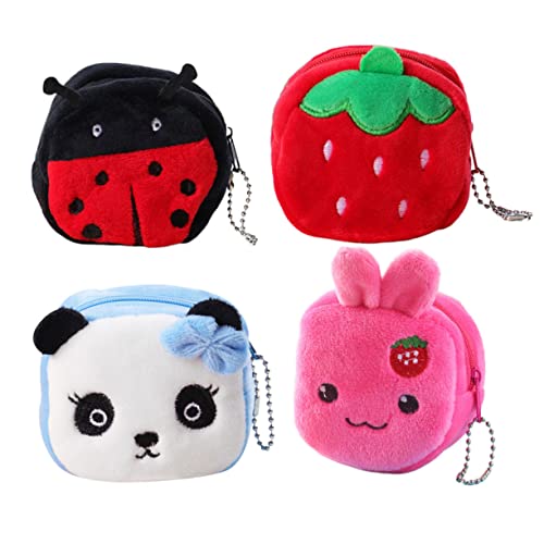 4pcs Cartoon Plush Coin Pouch Small Cute Change Wallets for Multifunctional Mini Purse for Coins Keys Bills with Rabbit Strawberry Ladybug Panda Designs