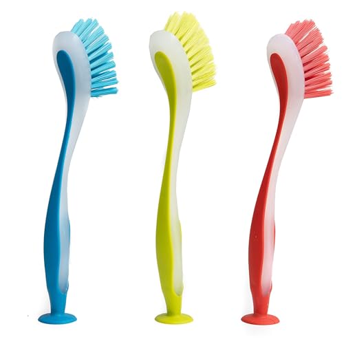 3Pcs Dish Brushes with Suction Cup - For Washing Up Plates, Pans, Pots - Random Color