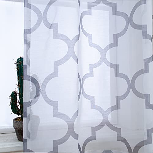 Linentalks Moroccan Curtains For Living Room, Gray Curtains 84 Inches Long 2 Panels Set, Grey Sheer Curtains, Rod Pocket Geometric Curtains Trellis Pattern Curtains Window Treatments Grey Curtains #TOP2