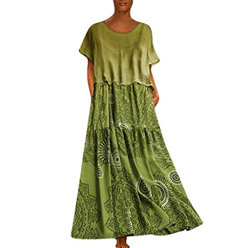 iHAZA Vintage Dresses Women Plus Size Loose Sleeveless Nationsl Style Print Long Maxi Dress Green