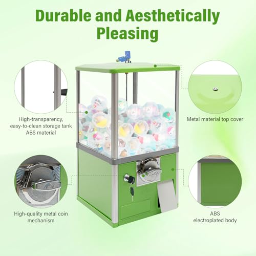 Liffshsy Big Commercial Capsule Vending Machine, 4 25 Cent Coins Per Side Operated Gumball Bank Machine, Gumball Dispenser Machine for Toy Capsules Bouncy Balls Candy, Multicolor (Green)