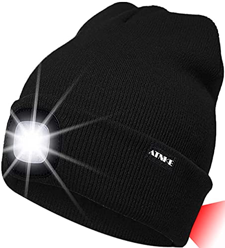 ATNKE 8LED beleuchtete Strickmütze, wiederaufladbare USB-Scheinwerferkappe mit extrem Heller, wasserdichter Lampe und Blinkender Alarm Rotes Rücklicht Multi-Color/Black Cover