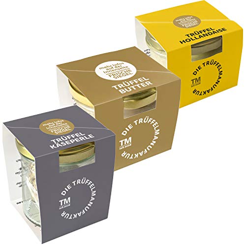 Die Trüffelmanufaktur - Feinkost Trüffel Probierpaket bestehend aus: Trüffelbutter 95g, Hollandaise 180g und Hobelkäse „Perle“ 60g, das perfekte Geschenkset zum Geburtstag und Weihnachten