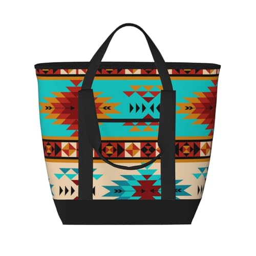 Aztec Beige Blue Large Capacity Insulated Shopping Tote Bag – Keeps Food Cold/Hot For Hours, Ideal For Travel, Groceries & Outdoor Use