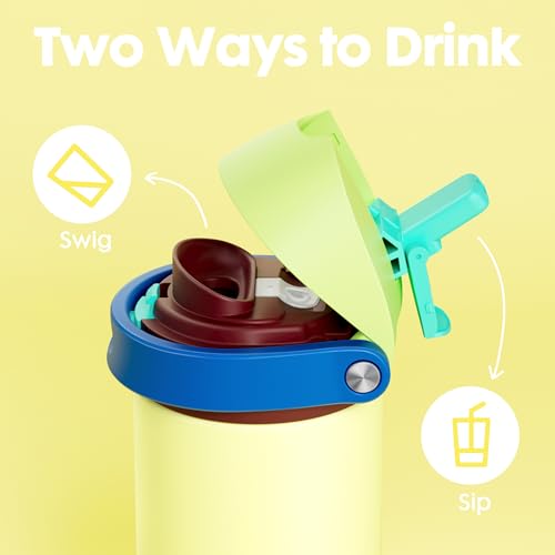 Image of 18 oz Insulated Water Bottle for Teens: Meoky Kids Water Bottle with 2-in-1 Straw and Spout Lid - Leak Proof, Cold for 24 Hours, BPA-Free for Boys Girls School Sports, Buttercup