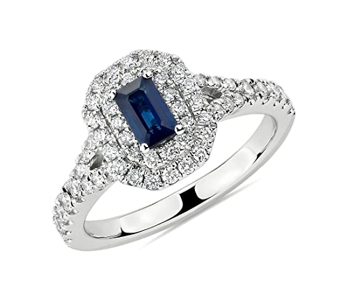 JewelryGift 925 Sterling Silver Double Halo Ring Created Blue Sapphire Faceted Loose Gemstone Beautiful Prong Set Fine Jewelry Ring for Women and Girl UK Size : Z1 Cover