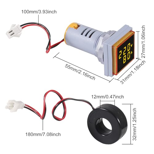Image of 2pcs AC 60-500V 0-100A Digital Ammeter Voltmeter, 22mm Square LED Dual Display Voltage Gauge with Transformer, 110v 220v Voltage Tester Current Meter (Yellow)