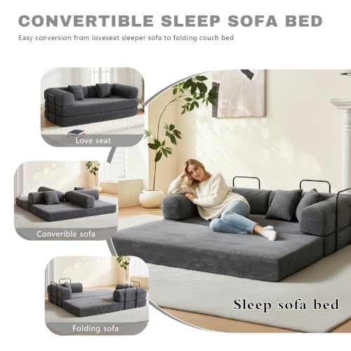 Image of 80 Inch Multi-Functional Convertible Sofa Bed, Fixed Shape Frame, High Density Foam with Corduroy, Easy Assembly, for Living Room and Bedroom. (Gray)