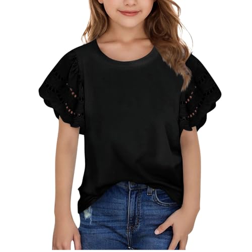 Girls Summer Tops Round Neck Flutter Sleeve Eyelet Hollow Out Embroidered Blouses Teens Girls Dressy Casual Shirts