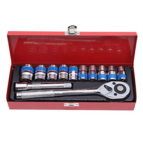 KATSU Set di Chiavi a Bussola 1/2' 12 Pezzi 10-24mm in Cassa d'Acciaio, Unità Metrica con Chiave a Cricchetto a Sgancio Rapido da 24 Denti e Barra di Prolunga da 5' Riparazione automatica 420346