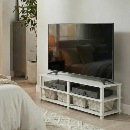Image of Furinno Turn-S-Tube Toolless Assembly 3-Tier TV Stand, Entertainment Center for TV up to 55 Inch, Wide Printer Stand with Storage Shelf, for Living Room, Bedroom, White