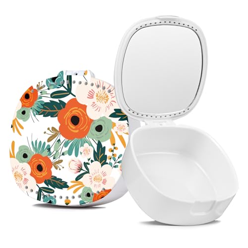 TIHYWR Estojo Para Contenção, Protetor Bucal, Dentadura, Alinhador Ortodôntico Com Espelho E Orifícios De Ventilação, Noturno, Flor Laranjeira