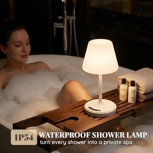 Image of Waterproof Shower Lamp Outdoor Cordless Table Lamp, 3 Color Dimmable -White | touch dimmable, weighted base, bathroom shower light, patio dinner, RV camping, charge your phones, memory night light