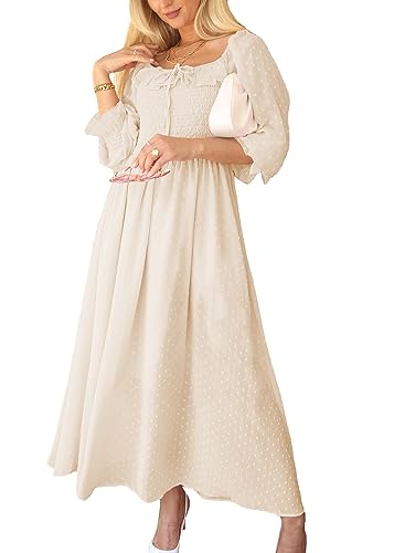 Anna-Kaci Vintage Dress Casual Long Puff Sleeve High Waist Smocked Chiffon Lace Flowy Summer Dress for Women, Beige, Large