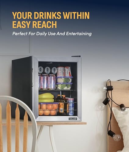 Image of NewAir 60 Can Beverage Refrigerator | Compact Small Mini Fridge for Bedroom, Office or Dorm | Quiet Cooling, Adjustable Shelf & Glass Door Drink Cooler