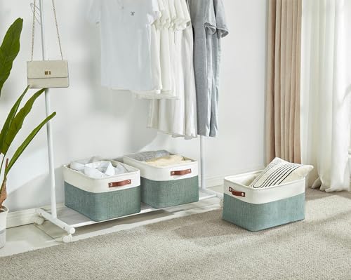Image of DECOMOMO Storage Bins, Large Fabric Storage Baskets for Shelves, Decorative Linen Closet Organizer, 15 x 11 x 9.5 inches (Green & White, 3 Pack)