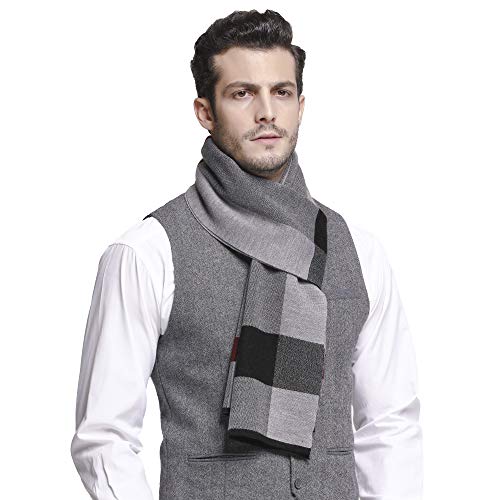 Riona Men's Winter Cashmere Feel Australian Wool Soft Warm Knitted Scarf With Gift Box(Black Grey) #TOP1