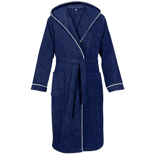 LAYNENBURG Bademantel Herren Frottee - Kapuze - Lang - 100% Baumwolle (360g/m2) - OEKO TEX Standard 100 - Größe (XL, Blau)
