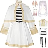 Hallojojo Frieren Disfraz Mujer Cosplay Anime Frieren at The Funeral Uniforme Set Vestido Chal Cinturón Calcetines con Orejas Pendientes y Peluca para Halloween Carnaval Fiesta Mascarada Traje, Blanco