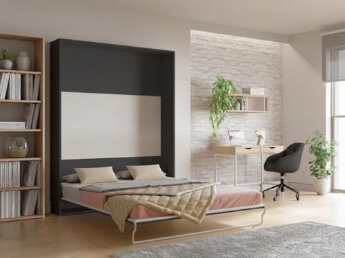 Vente-unique-Cama abatible 160 x 200 cm - Apertura Vertical Manual - Antracita y Natural - Malina II