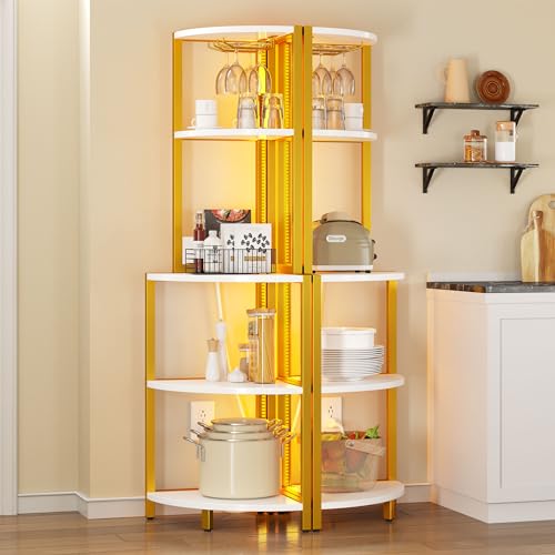 DWVO Corner Shelf with Power Outlets & LED Lights & Glass Holder, 5 Tier Corner Bar Rack, Vintage Wine Rack Display Shelves for Living Room, Dining Room, Kitchen, Gold