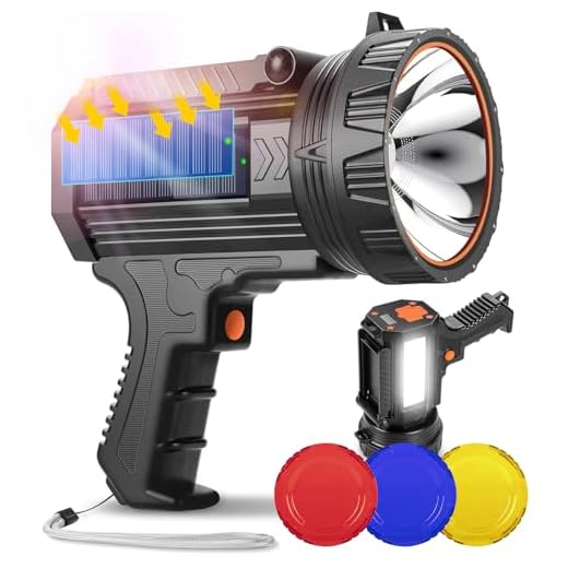 YIERBLUE Rechargeable Spotlight Flashlight with Solar Panels, 120000 High Lumen Outdoor Handheld Spot Lights and Flood Light, Foldable Stand and 3 Colors Lenses for Boating Hunting and Camping