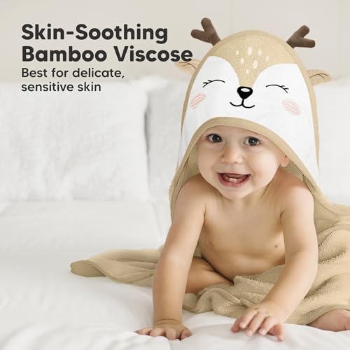 Image of KeaBabies Hooded Baby Towel for Newborn, Baby Bath Towels (Deer, 35x35) | Viscose Derived from Bamboo, Large Baby Towels with Hood, Boys, Girls, Toddler, Soft Absorbent Baby Bath Essentials