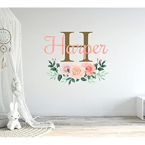 CuteDecals Flowers Custom Name & Initial Wall Decal - Personalized Peonies Art Decor Mural Girls Stickers For Nursery Bedroom Decoration (Mini Wide 15''x13'' Height) Cover