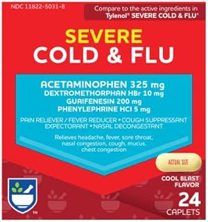 Rite Aid Severe Flu and Cold Relief Caplets - 24 Count | Pain Relief | Congestion Relief | Fever Reducer | Sinus Medicine for Adults | Decongestants for Adults | Cold and Flu Medicine for Adults