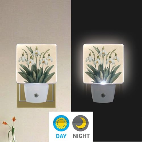 Image of Snowdrops with Green Leaves Night Lights 2 Pack Plug-in Wall Led Nightlight Auto Dusk-to-Dawn Sensor Lamps for Bedroom Kitchen Bathroom