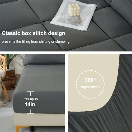 DOWNCOOL King Size Comforter Set, 7Pcs Bedding Comforter Sets Grey, All Season Down Alternative Bedding Comforter Sets with Comforter, Flat Sheet, Fitted Sheet, 2 Pillow Shams & 2 Pillowcases