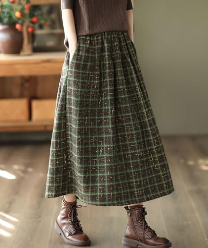 chouyatou Women's Vintage Plaid Pleated Wool Skirt Elastic Waist A-Line Midi Long Swing Skirt with Pockets2