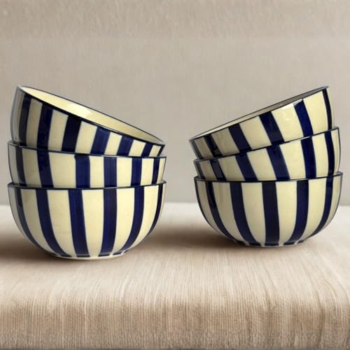 Image of Freakway Blue Striped Ceramic Bowls Set | Handcrafted Stoneware for Snacks, Soup, Dessert & Serving | Premium Tableware | Set of 6