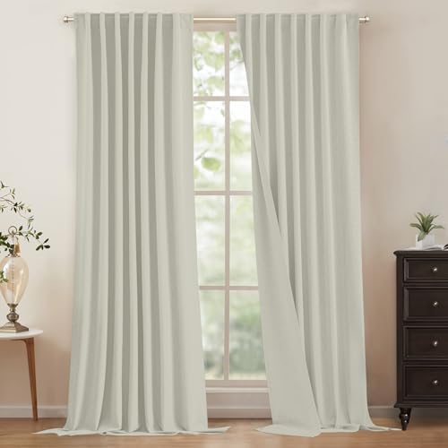 Linen Blackout Curtains 72 Inches Long for Living Room, Modern Back Tab