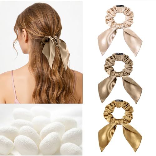 Image of THXSILK 100% Mulberry Silk Bow Scrunchies 3-Pack, 22 Momme Elegant Hair Ties for Women, No Damage Ponytail Holders for All Hair Types, Chic Fashion Hair Accessories(Beige, Taupe, Metallic Gold)