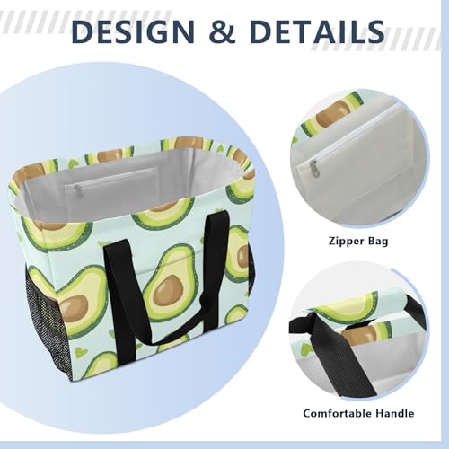 Large Waterproof Travel Tote Bag for Women Men, Avocados Heart Pattern Canvas Beach Bag with Lining & Pockets - Reusable Grocery/Laundry/Kitchen/Pool/Picnic Tote (15.4x9.8x12.8in)4