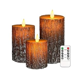 VEEKI Flameless Candles Lights, Set of 3 Battery Operated Flickering Flameless Candles with Remote & Timer, Dimmable LED Pillar Candles, Pine Bark Electric LED Candles for Christmas Winter Home Decor VEEKI Flameless Candles Lights Set of 3 Battery Operated Flickering Flameless Candles with Remote Timer Dimmable LED Pillar Candles Pine Bark Electric LED Candles for Christmas Winter Home Decor
