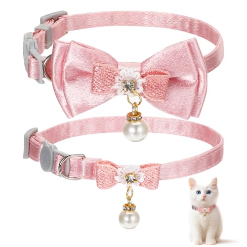 JJUNW 2Pack Adorable Cat Collar with Bow, Cute Kitten Collars for Girl Cats Pink Cat Bows &...