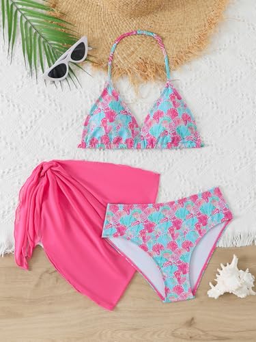 Image of SEGT Girl's 3 Piece Striped Bikini Swimwear Cute Swimsuits Bathing Suit High Waisted with Cover Up Beach Skirt