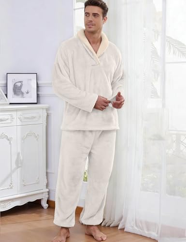 Image of Mens Fluffy Coral Fleece Pajamas Set Pullover Pants Loose Plush Warm Loungewear Sleepwear