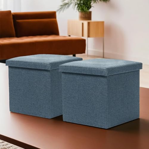 Image of Kuber Industries Pack of 2 Storage Stool - Square Toy Box, Foot Rest, Folding Seat, Wardrobe Organizer for Clothes-Books, Living Room Storage Box | S ZH001BU | Navy Blue