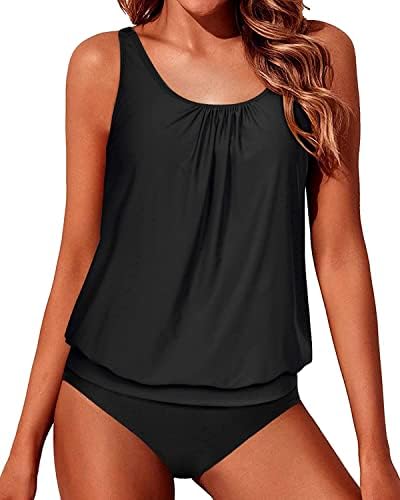 Yonique Two Piece Blouson Tankini Swimsuits for Women Modest Bathing Suits Loose Fit Swimwear Black XXL