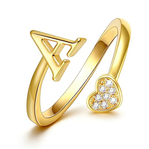 Lunvky Graduation Gifts Rings for Teen Girls - 14K Gold Plated Adjustable Initial Rings for Women Non Tarnish Heart Silver Pinky Letter Ring Teenage Kids Cute Jewelry Mother Birthday Gifts
