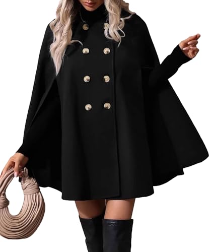 SOMTHRON Women's Winter Cape Coat Double Breast Slit Sleeve Notched Lapel Flowy Vintage Wool Blend Cloak Coat BL-S