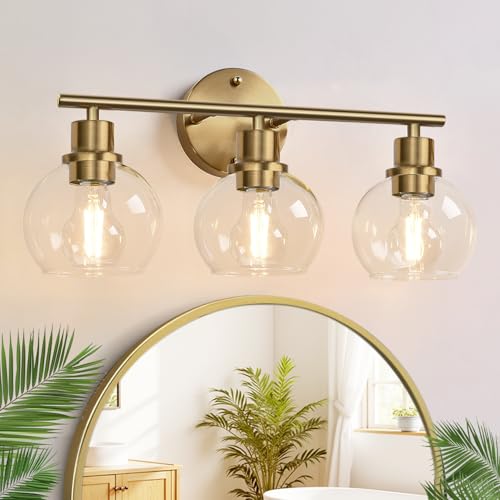 Image of Indoi 3-Light Bathroom Light Fixtures, Brushed Brass Bathroom Lights Over Mirror with Clear Glass Globe Shade, Vanity Lights for Bathroom Kitchen Living Room Hallway Cabinet Bedroom Porch