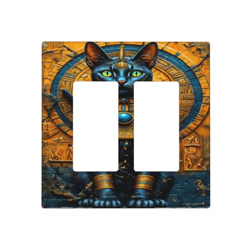Decorative Outlet Covers Egyptian Black Cat Vintage Gold Decorated 2 Gang Wall Plate Double Rocker Two Switch Wall Cover Plate Light Switch Cover Plate Faceplate for Home Decor