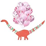 Tellpet Dinosaur HAPPY BIRTHDAY Banner with 15 pcs Balloons for Girl, Pink Party Decorations Decor Supplies