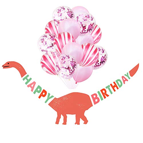 Tellpet Dinosaur HAPPY BIRTHDAY Banner with 15 pcs Balloons for Girl, Pink Party Decorations Decor Supplies