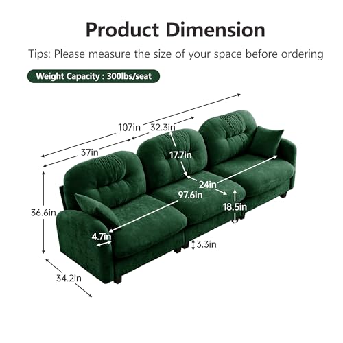 Image of KEIKI 107 inch Oversized Chenille Modular Sectional Sofa with High-Density Foam Cushion and Tufted Pleated Cushion Backrest, Upholstered Modern 3-Seater Cloud Couch with 2 Pillow, for Living Room, Green