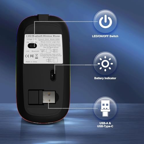 Nrvcrn Wireless Bluetooth Mouse for MacBook Air/Mac/Pro/Laptop/Computer/PC,Rechargeable Dual Mode Switch Mouse Bluetooth 5.2/3.0 and 2.4GHz USB Type-C Receiver の商品画像 2